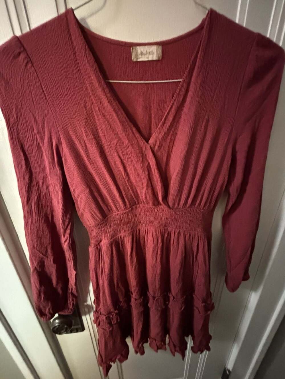 Altar'd State Mauve Long Sleeve Surplice Smocked Ruffle Mini Dress Size M